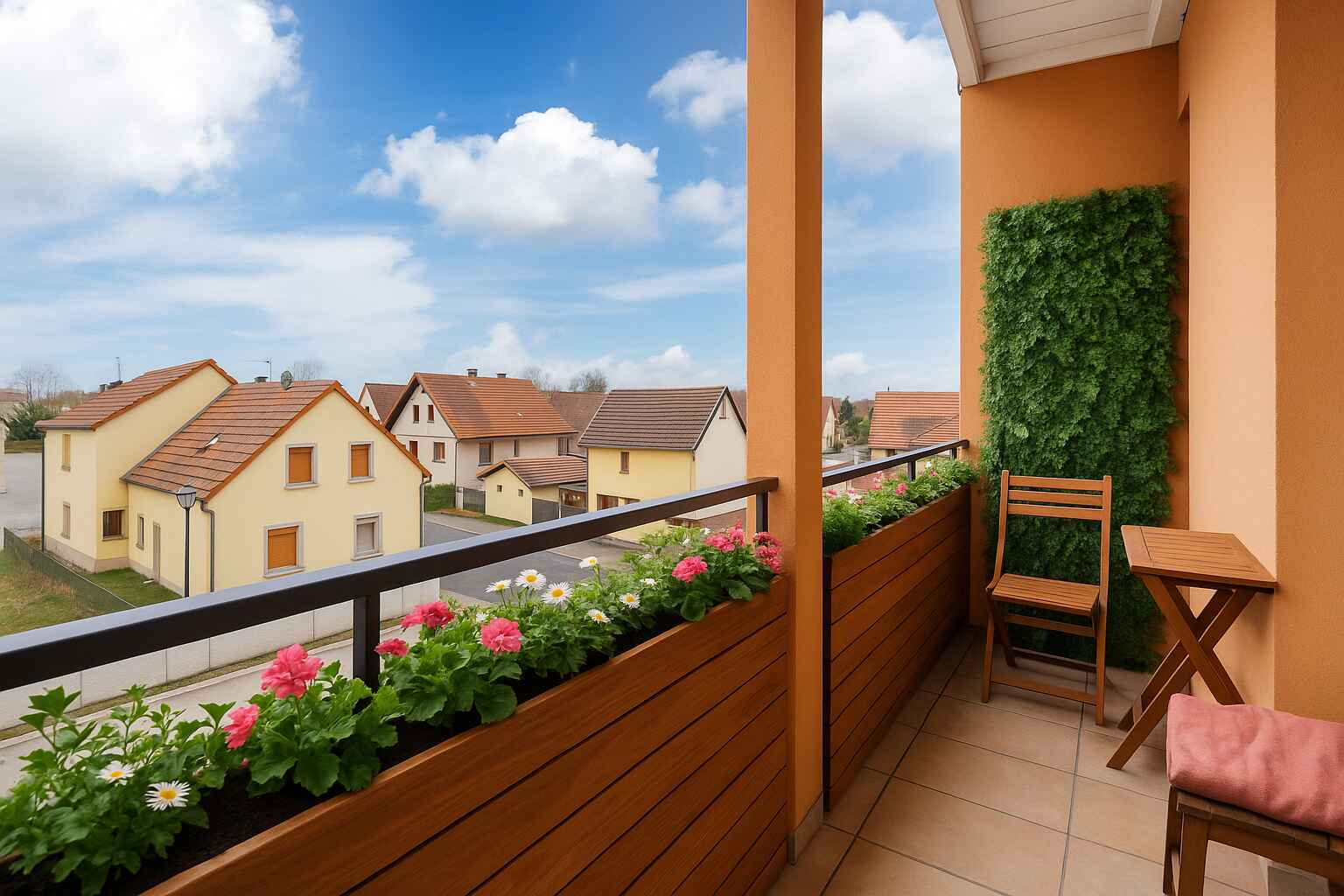Balcon avec jardin vertical et fleurs